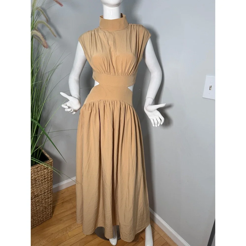 Commense Beige Cutout Maxi Dress High Neck‎  Elegant Flowy size S
